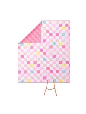 Foldable Outdoor Picnic Blanket With Pink Checkered Print & Carry Handle